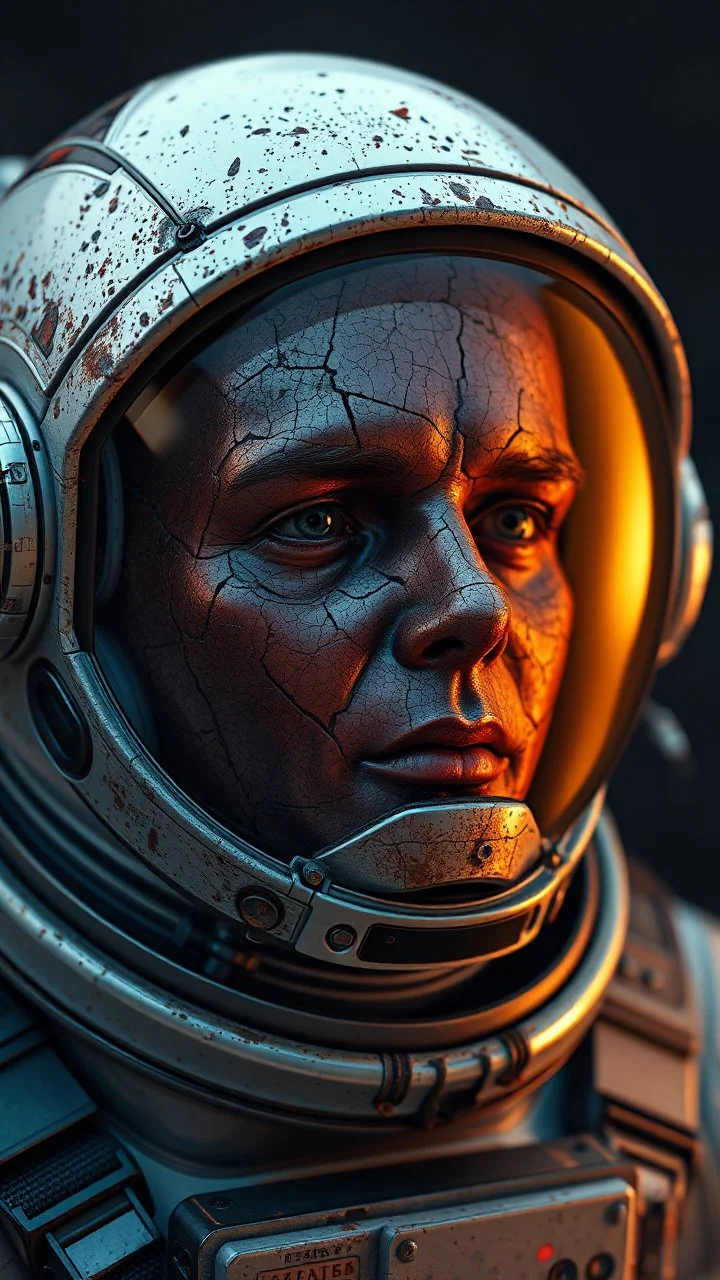 a 3/2 view of an astronaut his face skin is a rusted broken metallic skin texture in a 3d rendering full-height image of a grim and dark scene. Ensure the final images exhibit the utmost quality, encompassing 4K, 8K, and 64K resolutions, with 3D rendering that manifests in photorealistic, hyperrealistic, and highly detailed representations. Employ techniques such as HDR, UHD,