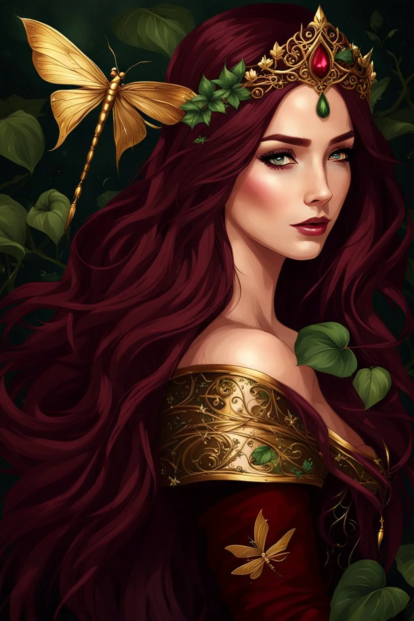 Burgundy hair, dark hair,dark red , rapunzel hair,very long hair,dark fairy princess,elven crown,night,dragonflies,beautiful,ong ashes,golden armor ,sparkle,night blooming,ivy,dark green,lilly of valley,golden elven crown