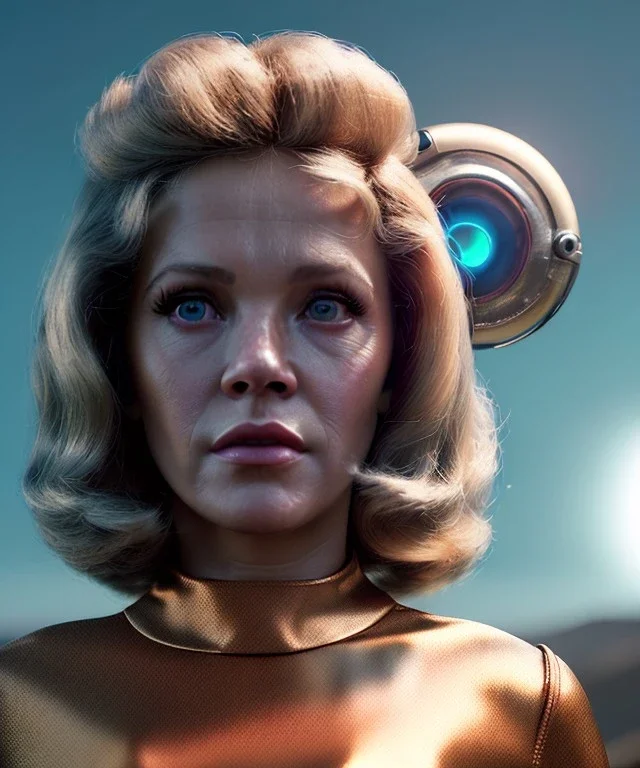 Ultra Realistic retro sci-fi movie, classic ovni levitating, 1960 year, waist up view portrait, blonde woman, sweet teenager Jane Fonda face, perfect iris, glow eyes, face makeup, tight latex coat, retro glass helmet, Retro sci-fi style, soft color, highly detailed, unreal engine 5, ray tracing, RTX, lumen lighting, ultra detail, volumetric lighting, 3d, finely drawn, high definition, high resolution.