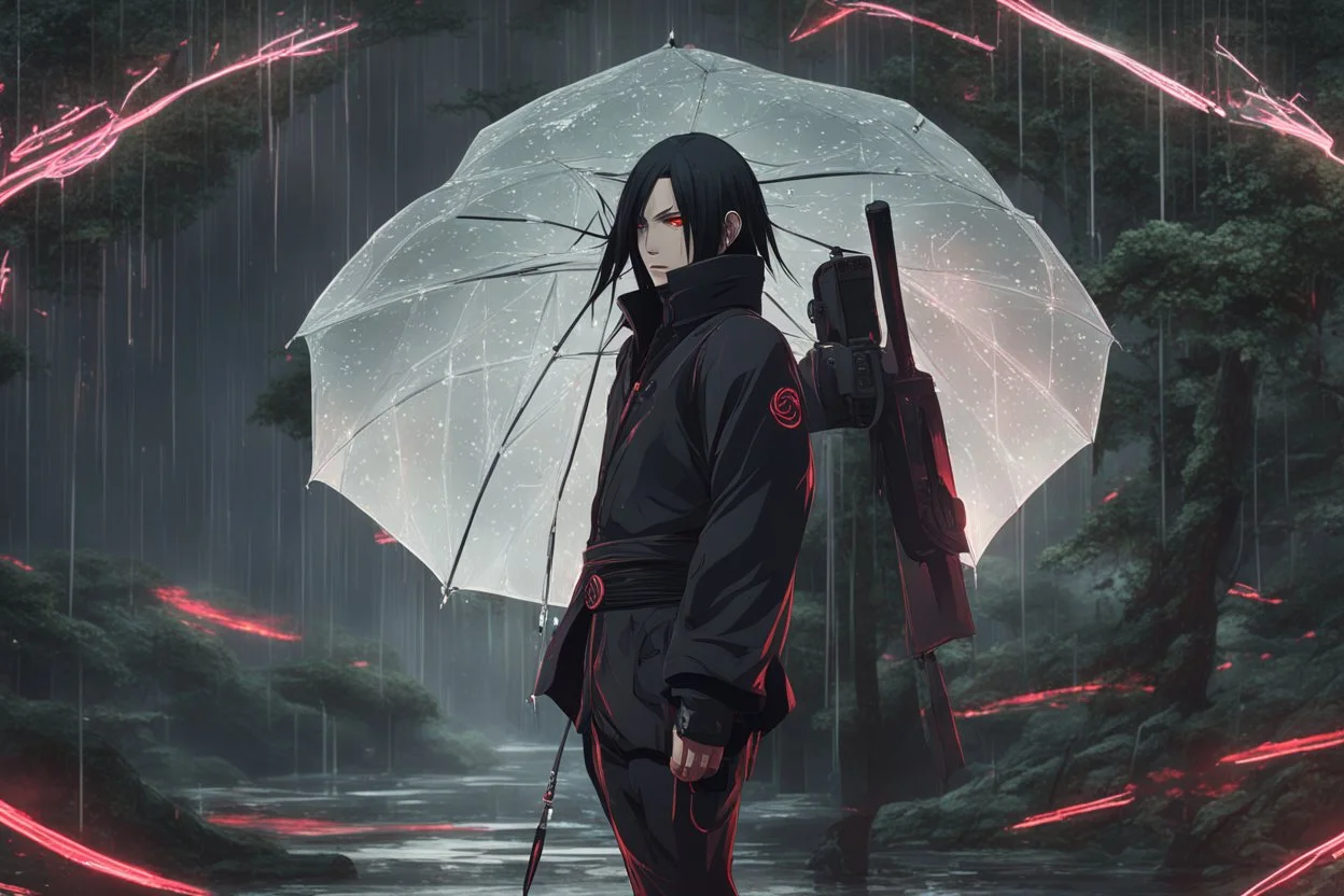 Itachi Uchiha in 8k nier automata artstyle, 2D anime them, Uchiha Custom, neon effect, close picture, rain, fantasy world, intricate details, highly detailed, high details, detailed portrait, masterpiece,ultra detailed, ultra quality