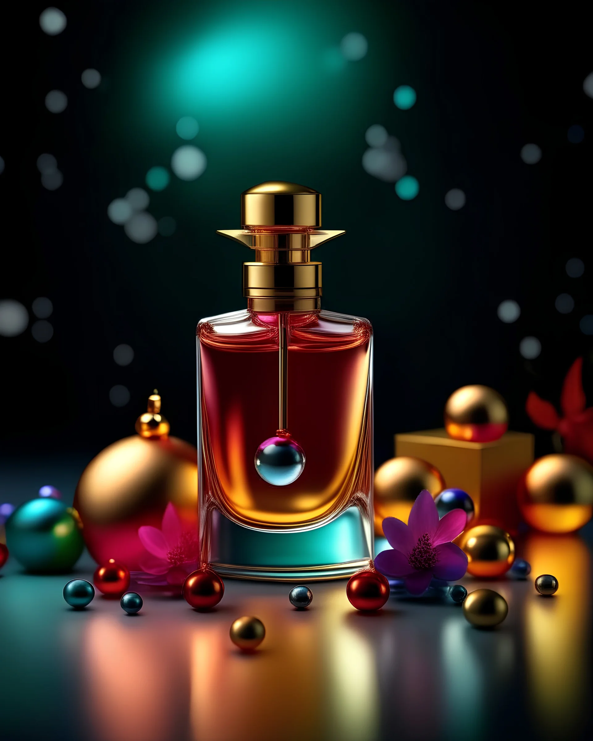 generate me an aesthetic complete image of Perfume Bottle with Festive Decorations