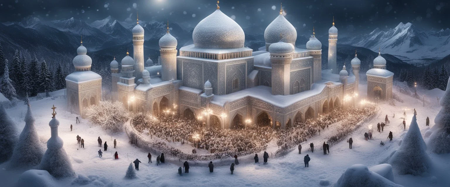 Hyper Realistic areal Photographic-aerial-view of lots-of-young-muslim-men-worshiping outside a Huge-Beautiful-Iced-Mosque-with-detailed-craft-work-on-walls & with Frozen-Iced-minarets & stone-boundary-wall on a frozen-mountain-top with heavy-snowfall-night showing dramatic & cinematic ambiance.