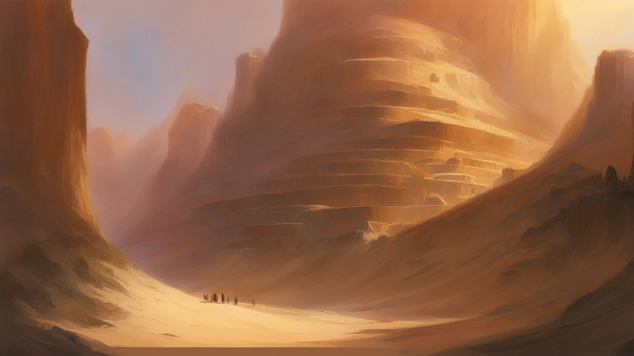 Dune like world, with a building cut into rock, Marc Simonetti