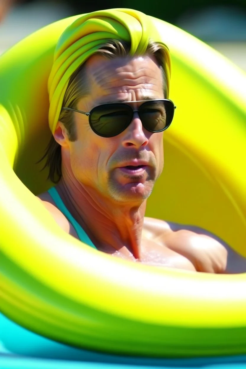 brad pitt sitting in donut swim ring with goggles on