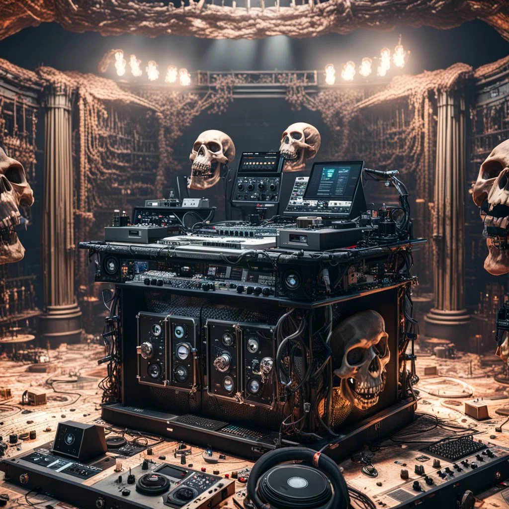 DJ of the damnded, insanely detailed DJ booth in hell, MID set, speakers and equipment made of bone, anatomically correct, add more skulls in th audience, photorealism, vray, 8k 3d https://stablecog.com/generate?o=a67b60e0-edd2-418d-9744-d1d585055d7fv https://stablecog.com/generate?o=93026b00-ac6b-436a-bc57-6aa04073d4a9