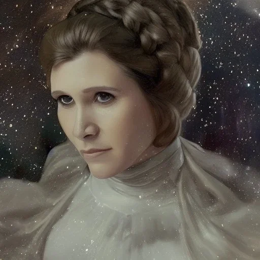 [[extrem beautiful photorealistic young Carrie Fisher as Princess Leia]] :: [[photorealistic brown eyes, short hair, head and shoulders portrait, 8k resolution concept art portrait by Greg Rutkowski, Artgerm, WLOP, Alphonse Mucha, dynamic lighting, hyperdetailed, intricately detailed, trending on Artstation, triadic colors, Unreal Engine 5, volumetric lighting]]