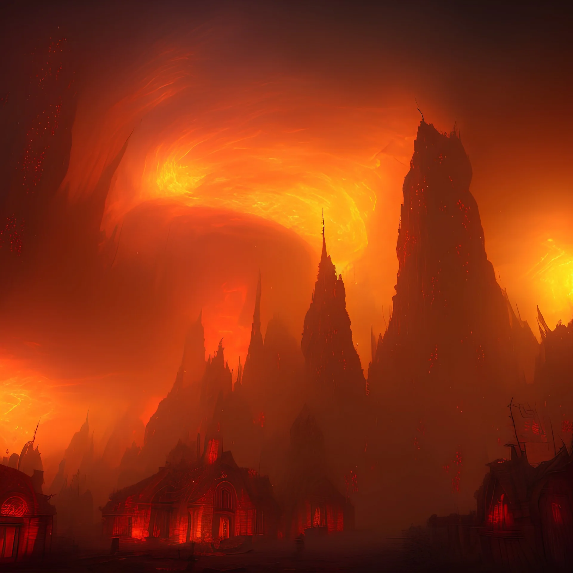 dynamic lighting, Intricately detailed, deep color, Unreal Engine, volumetric lighting, Hell landscape, Hell concept art, Hell fantasy artwork, nightsky, orange, red, nebulae, fields, abandoned buildings, ruins,