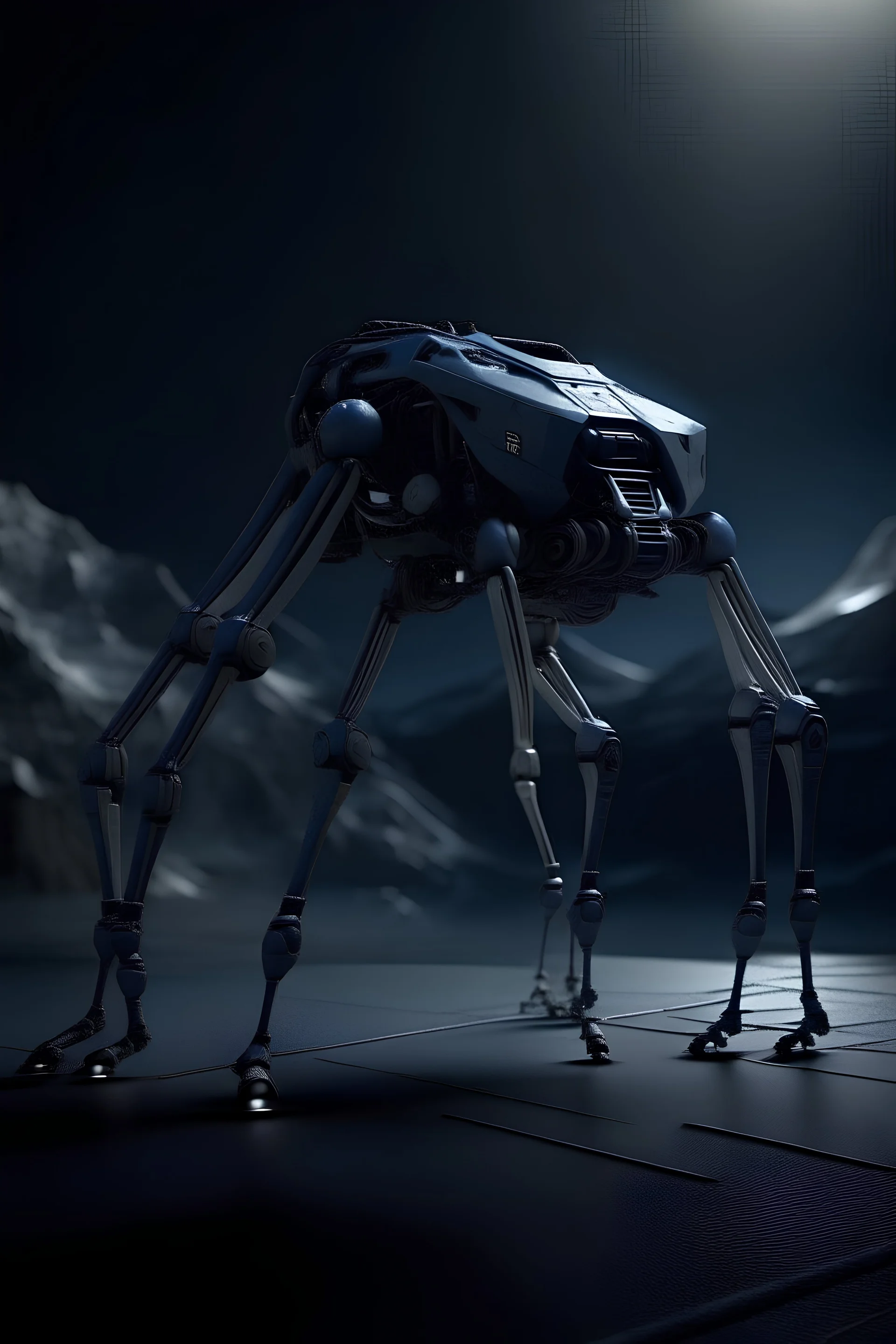 I want an image of a eight legged mechanical walker scaling the side of mout everest at night, it has a smooth surface, it has storage pods on its belly human can fit in the pods