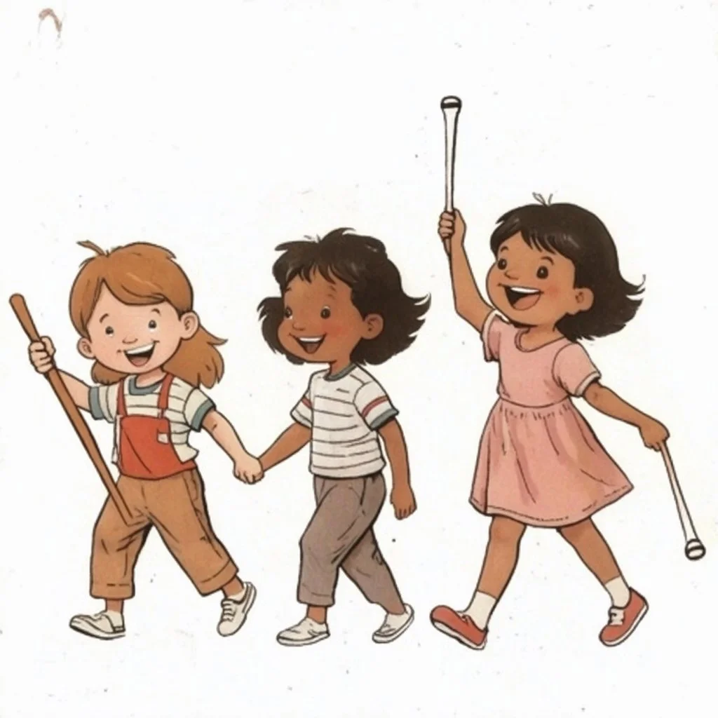 children joyfully walking. Left most child is carrying a parade leader's staff. Right most child is holding drumsticks. improve quality but maintain style