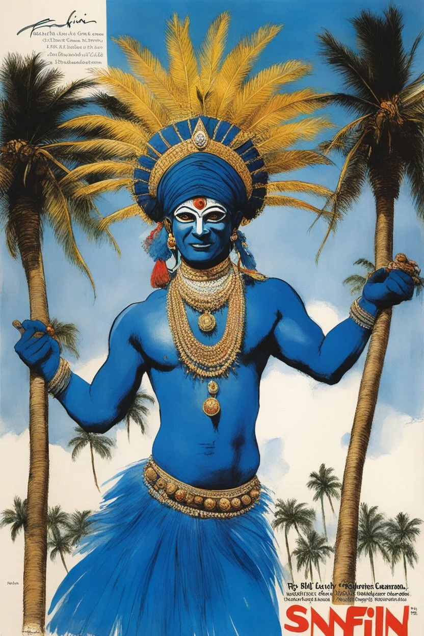 SNFIIN'GLUE mag cover by Ralph Steadman for a special issue on temple with palm trees (1978), guest star: Indian six arms Kerala kathakali male dancer for for Aardschok(nl) and MetalHamme, fancy headdress blue clothing and jewelry
