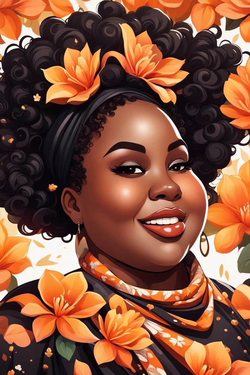 Create a abstract cartoon art style image of a plus size black female looking down with a smile on her face. Prominent makeup with hazel eyes. Highly detailed messy curly bun with a hair scarf tied on her head with large orange magnolia flowers surrounding her. 2k