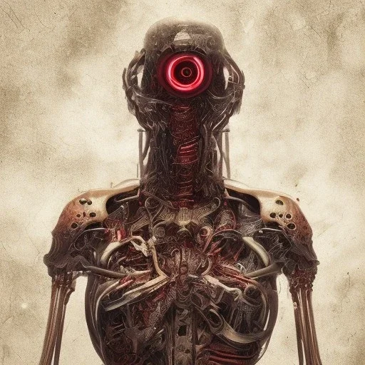 half zombie half human, blood in a bright red color flows down, hr giger, steam punk, realistic, made in octane, cinematic, ultra-realistic, extremely detailed octane rendering, 8K, VRAY Super Real ar 2:3, dof photorealistic futuristic 50mm lens hard lighting dark gray tintype photograph, realistic lighting, sepia color