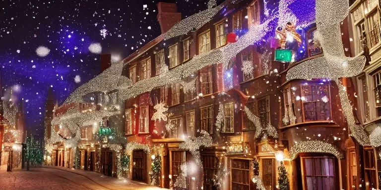 Diagon Alley in christmas night, short snow flakes, many three, Christmas decoration, Christmas light, high contrast, best quality, 8k, hight detailed, 3d, render, lumion, shooting star