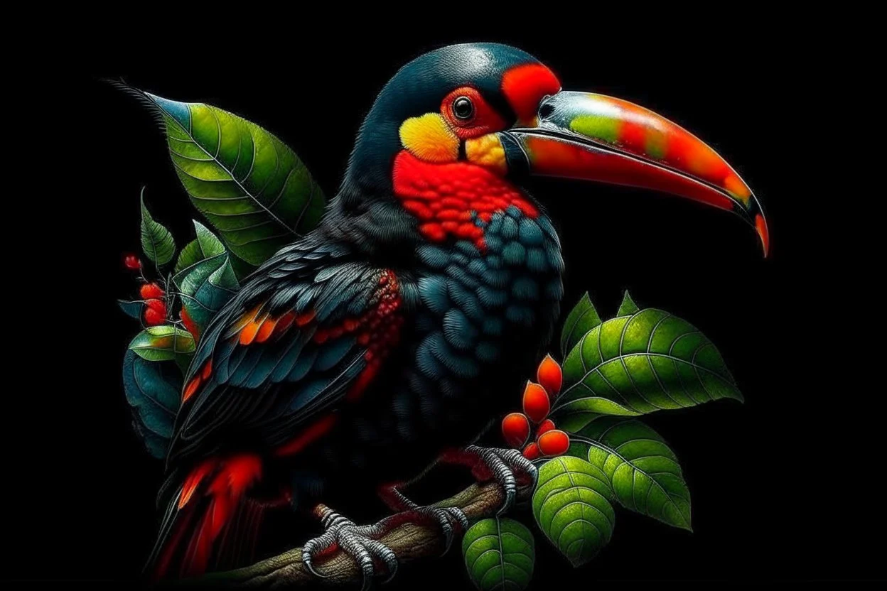 Lively 4D HDR Visualize an (((ultra detailed toucan))), its hyperdetailed beak, eyes and intricate feathers, plucking a red coffee bean from an arabica coffee plant, stylized tropical rainforest foliage, featuring line art and color splashes, set against a (matte black background) with a (developed artist's attention to detail), gorgeously contrasted by a (water splash) and a (color splash art) that mimics fire and water, all rendered in ultra-detailed artistry"; lush jungle environment 《Inspire