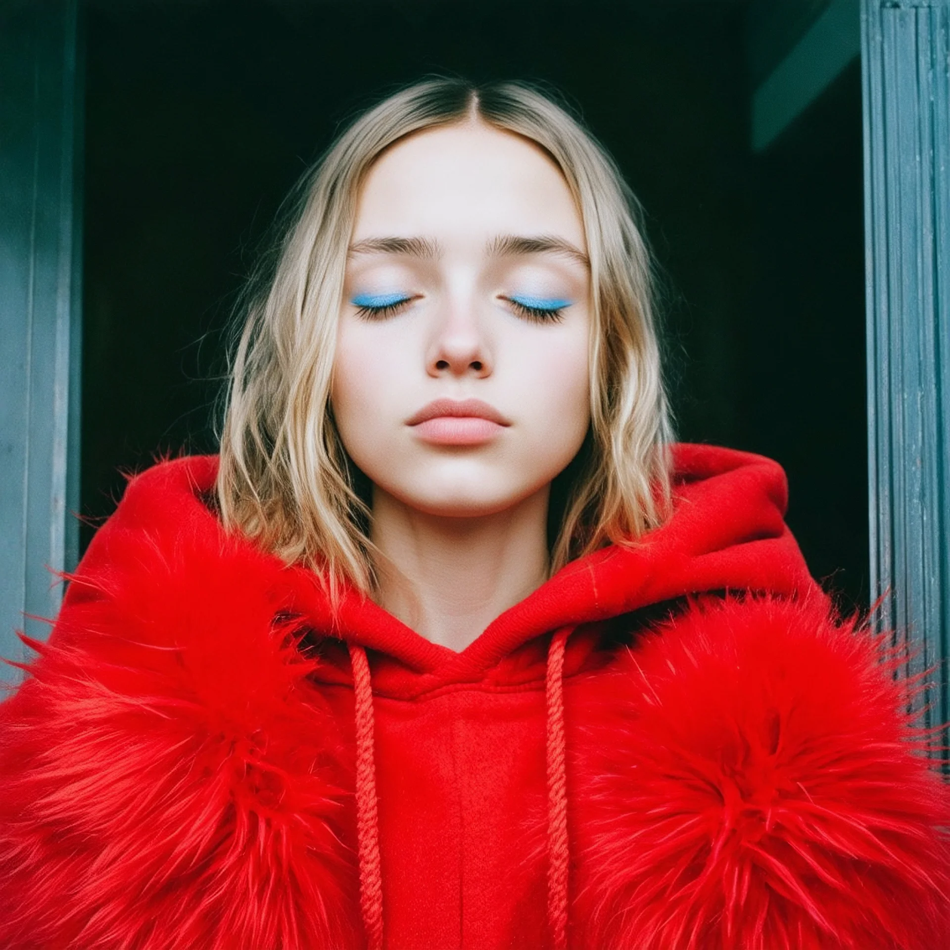 Lily rosedepp,avec un long pull a capuche en angora rouge jusquaux, polaroid, elle a les yeux fermés et les joues bleues