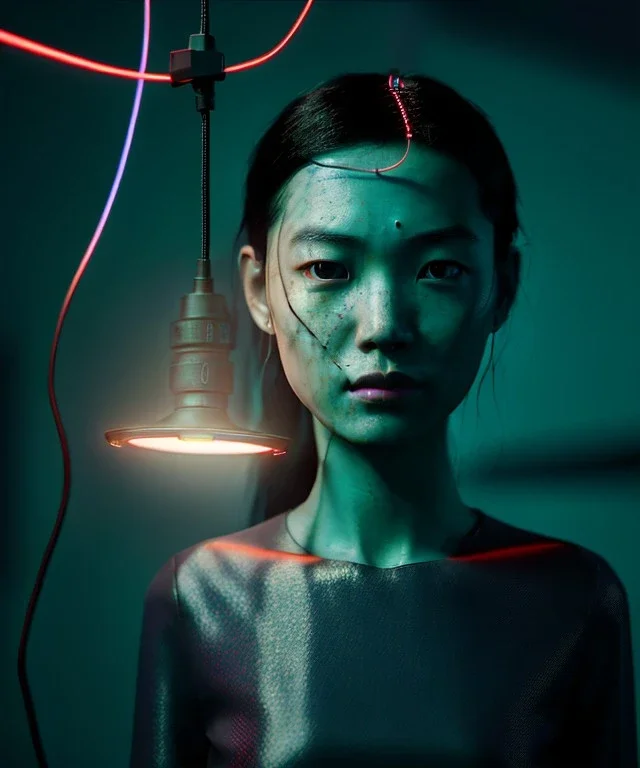 Ultra realistic photographic night portrait, cinematic, <Asian woman> <hanging wires> <retro monitor> many wires coming out of the head <perfect pupil> <cyborg arm> <garage> <wide angle Shot> <sci-fi futuristic> <thriller>, neon lights, color fog, soft color, highly detailed, unreal engine 5, ray tracing, RTX, lumen lighting, ultra detail, volumetric lighting, high definition.