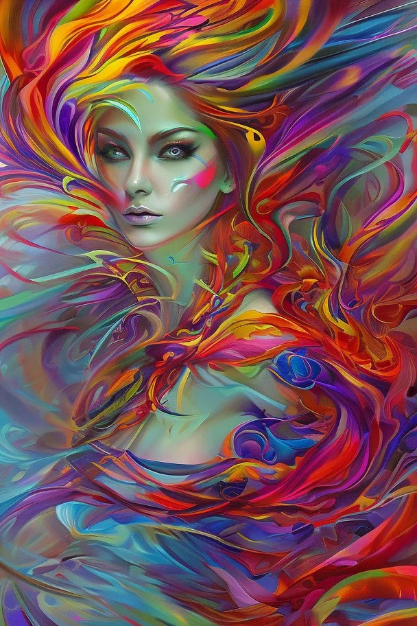 Generate a captivating digital artwork where a vivid explosion of images on a canvas bursts forth, weaving together elements of a woman, demons, tattoos, flowers, and stormy hues. Capture the essence of dynamic creativity in this abstract masterpiece."