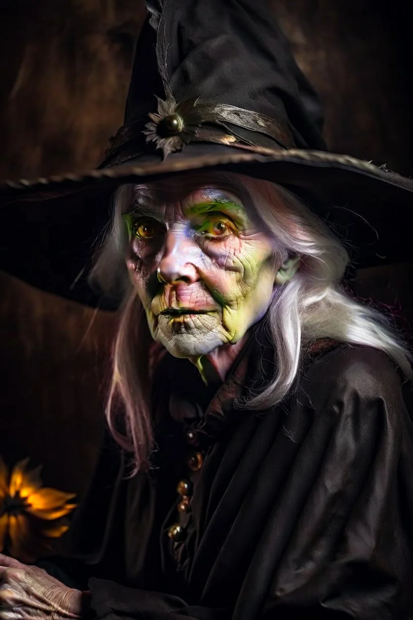 Old White-haired Witchery Witch in her pointed hat ready for the Coven in rusty autumn leaves and silver cobwebs. with burnished browns and abyss black.