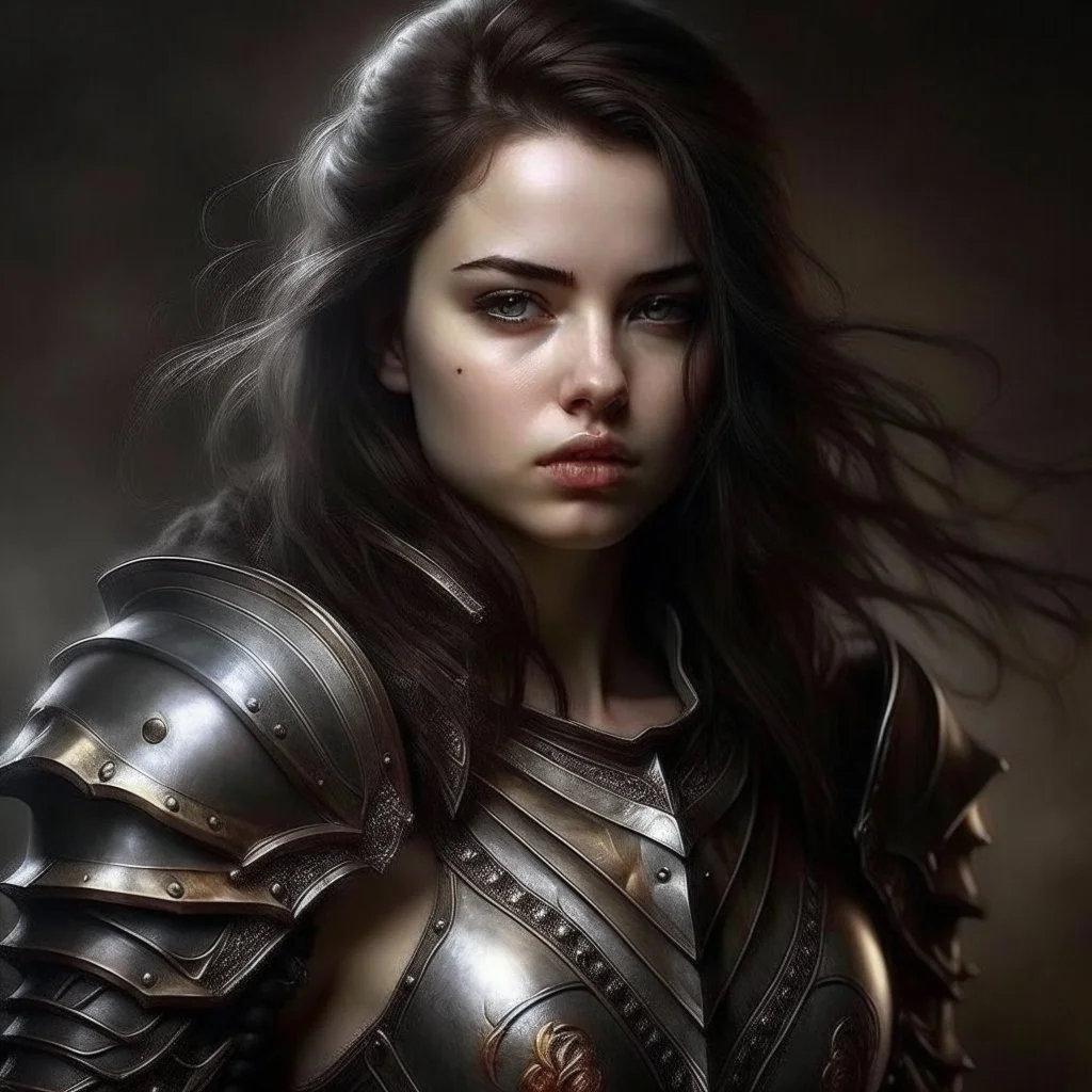 pretty girl, young adult, brunette, conventionally attractive, armor, realism, sexy,