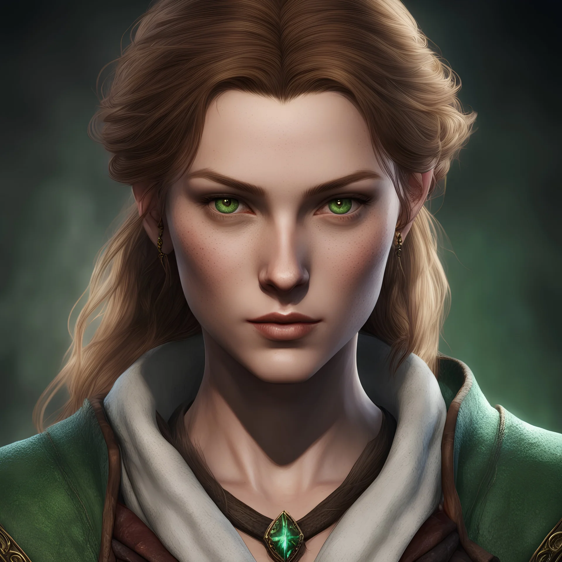 face portrait of a baldur's gate 3 female character. she has a beautiful face. she has a youthful face. she has a small, plump mouth. she has long, wavy, light brown hair. she is a sorcerer. she is human. she has light green eyes. she has some freckles.she has a round face. she is in a white shirt and a black cape.