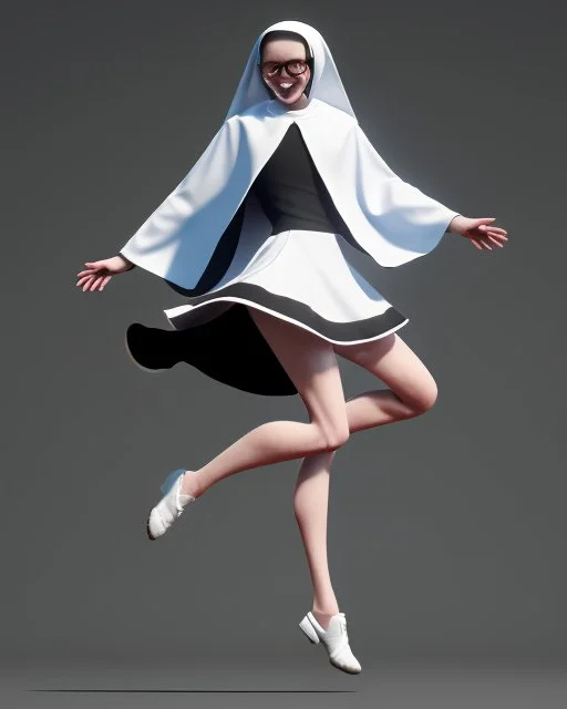 A nun in a short dress jumping with a gun