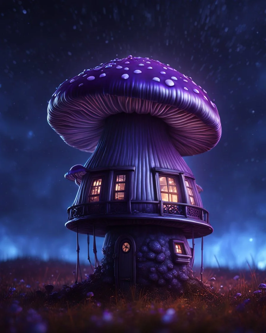 A solitary floating mushroom house on a clear night. silver and purple and blue, Dark cosmic interstellar. Detailed Matte Painting, deep color, fantastical, intricate detail, splash screen, hyperdetailed, insane depth, concept art, 8k resolution, trending on Artstation, Unreal Engine 5, color depth, backlit, splash art, dramatic, High Quality Whimsical Fun Imaginative Bubbly, perfect composition