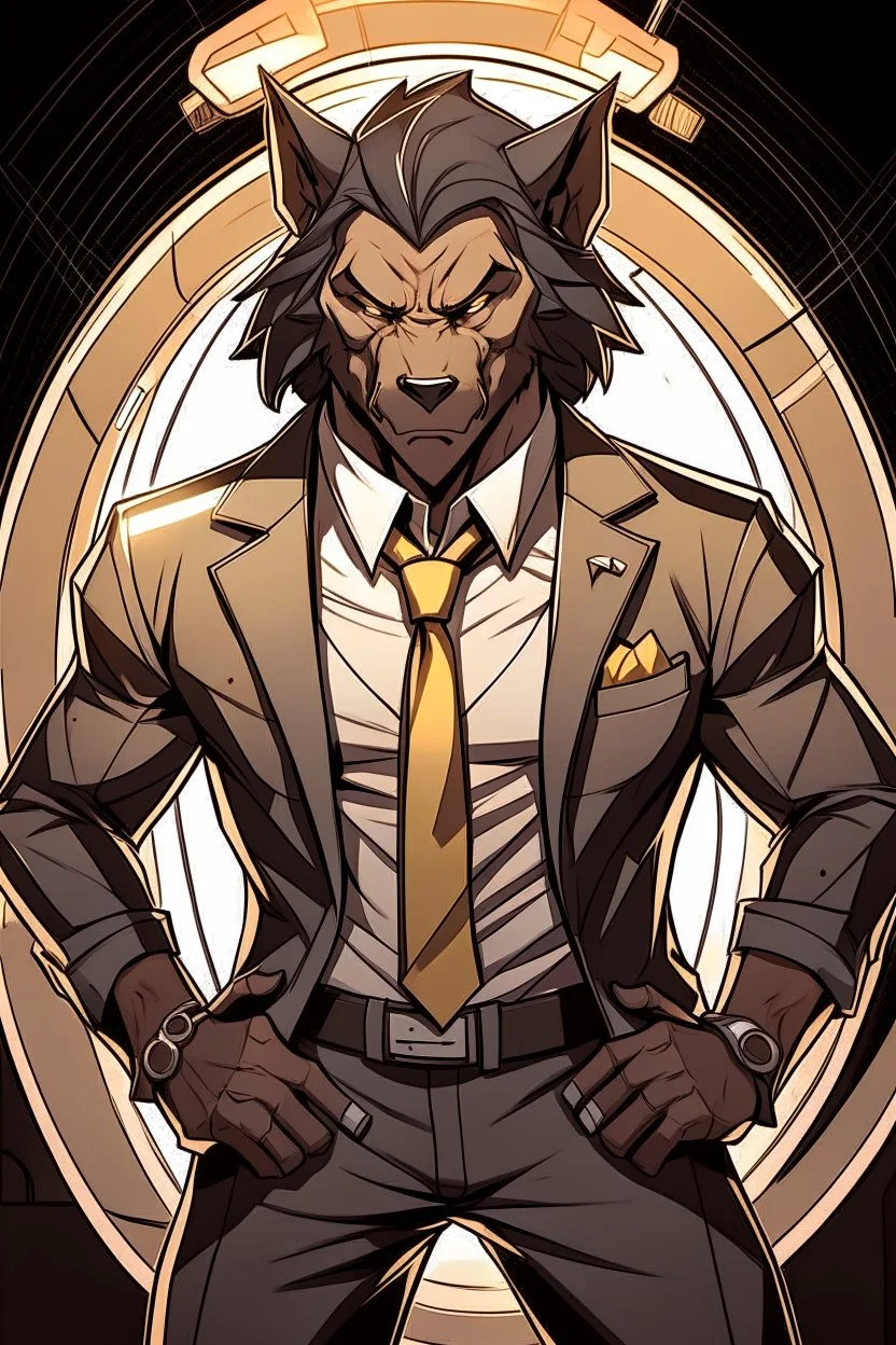 Buff, anthro, wolf, himbo, black fur, gold eyes, wearing a suit, full-body, muscles, strong, muscular, man boobs, bulky, tail, dark fur, smug grin, hands on hips, furry-himbo