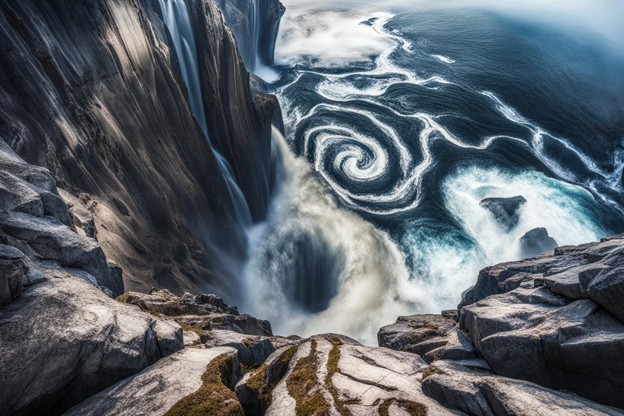 at the base of the rocky mountain peninsula, a great whirlpool waterfalls into deeper unknown depths
