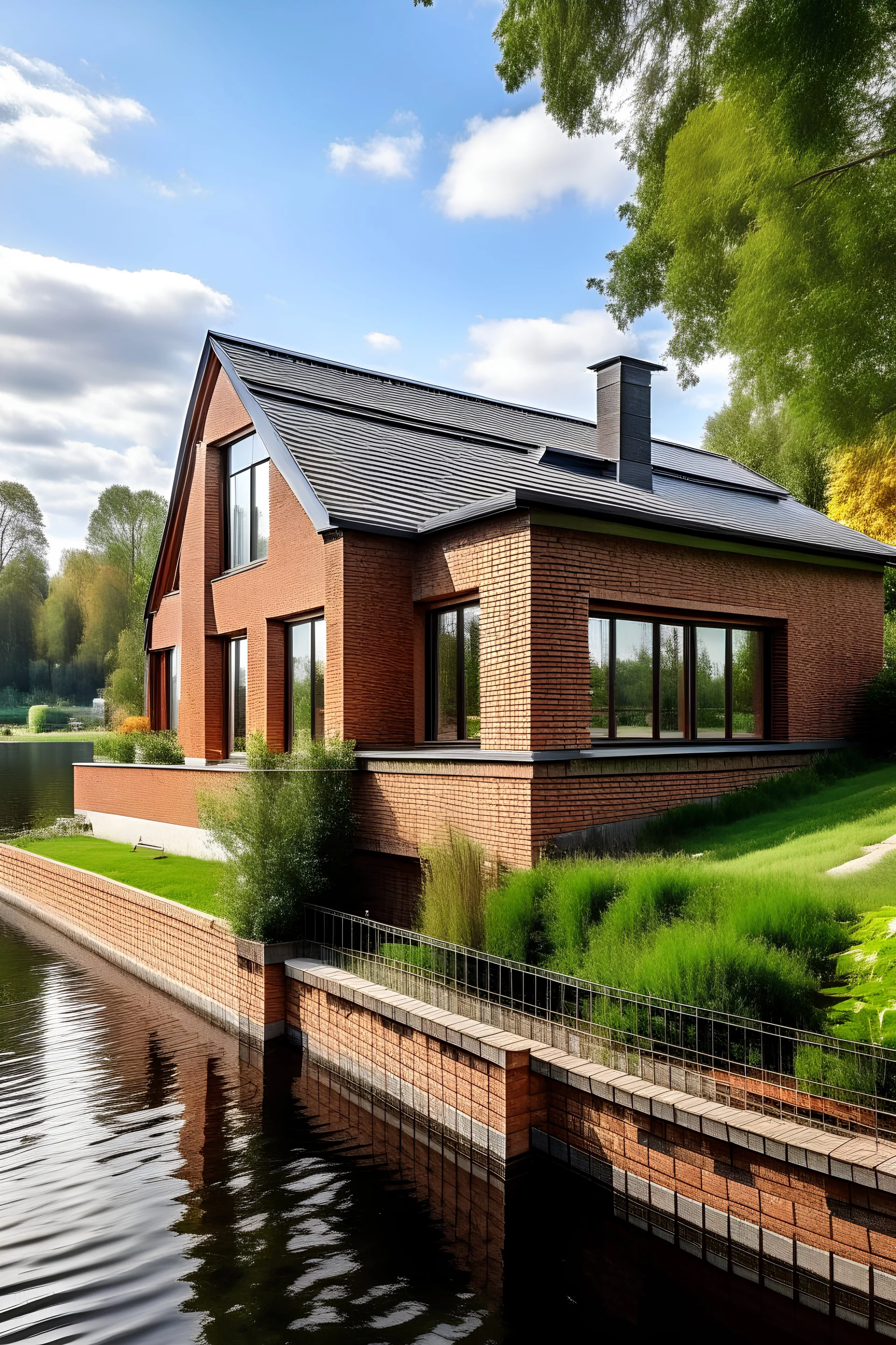 a storey house next to a lake made from bricks and sloped roof, terrace in front