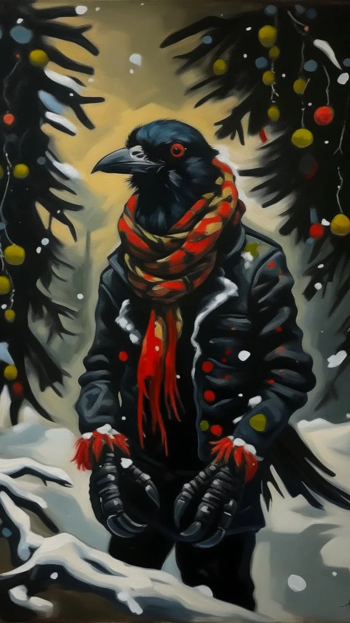 An oil painting by Miyazaki and Matisse of a human-like crow adorned in a punk leather jacket within a snowy Christmas atmosphere.