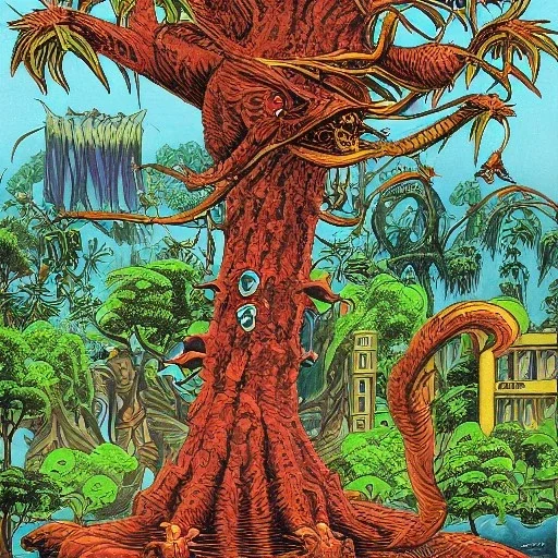  huge kaiju birds in a tree near a city by woodring