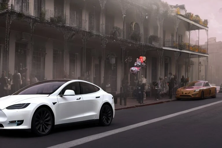 A Tesla 'Model Y' is racing at top speed, on the streets of New Orleans. (CINEMATIC, WIDE ANGLE LENS, PHOTO REAL)