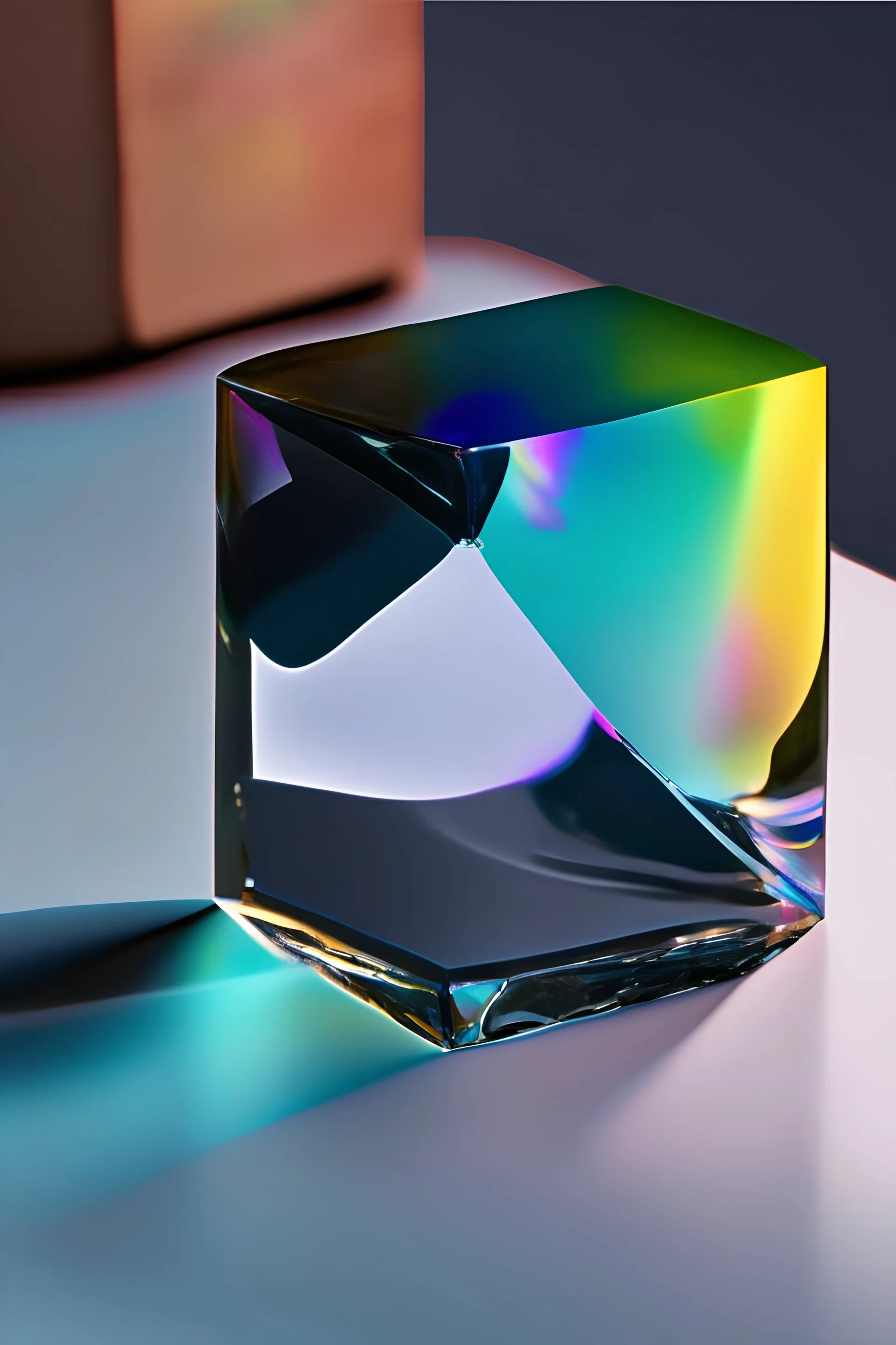 transparent paperweight reflects smooth prism onto black glass table