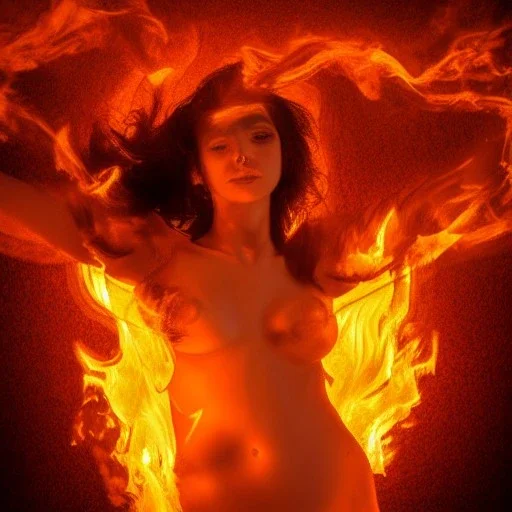 woman made of fire, full face, fire angel, hair made of fire, hair covering breasts, fire all around, only wearing bikini made of fire, extremely detailed, photo style, style of photo, lava background