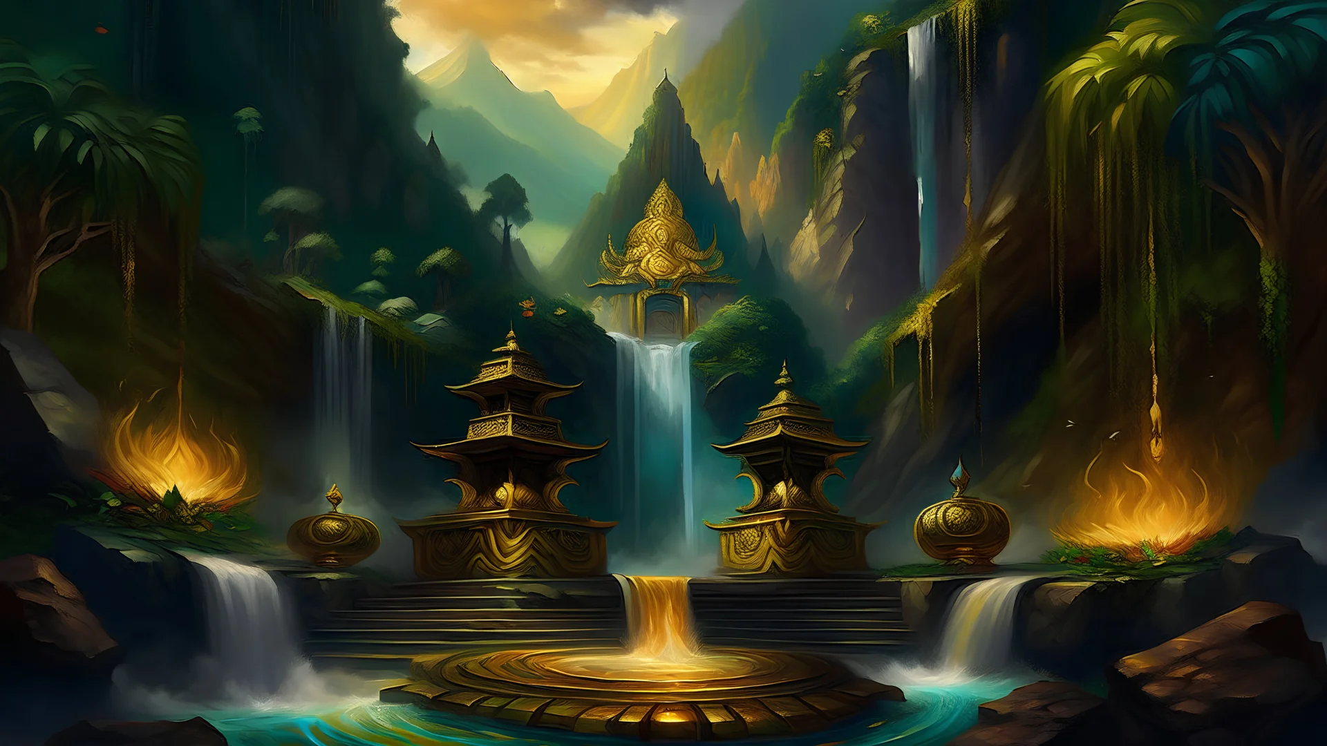 podium for meditation, my dreams . golden waterfall, day landscape, In the garden my mind bows. meditation. The village is in the midst of the jungle, and mountains. space color is dark, where you can see the fire and smell the smoke, galaxy, space, ethereal space, cosmos, and panorama. Palace, Background: An otherworldly planet, bathed in the cold glow of distant stars. Northern Lights dancing above the clouds in Guinea.