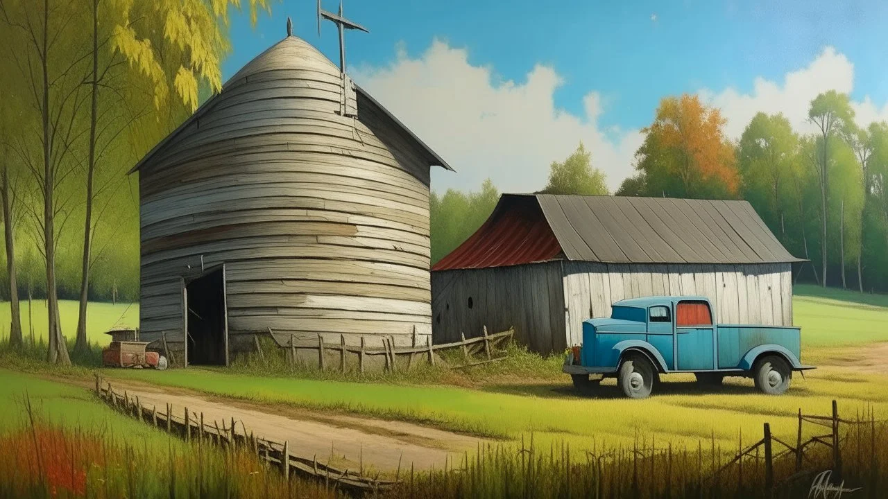 Image is a painting depicting a rustic rural scene. The layout features a central focus on a weathered wooden barn with a sloped roof, accompanied by a cylindrical silo to its left. A white van is parked beside the barn, adding a modern touch to the otherwise pastoral setting. To the left, a small blue house with a green and red roof is visible, partially obscured by trees. The foreground is a dirt path leading towards the structures, bordered by autumnal foliage in shades of orange and brown.