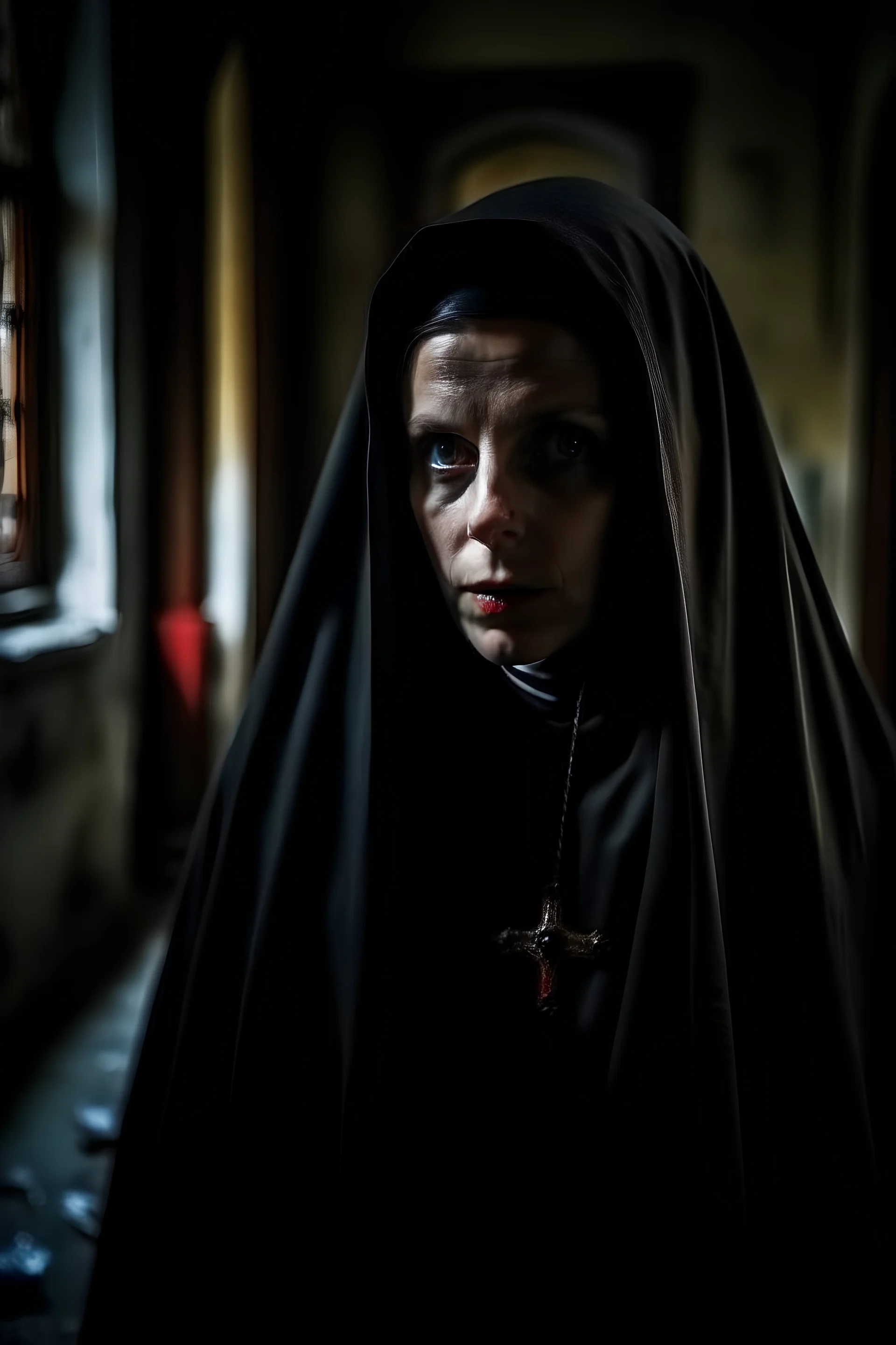 black hooded distant woman nun reflecting from a old dusty mirror staring in your soul with red demon eyes in a old monestery