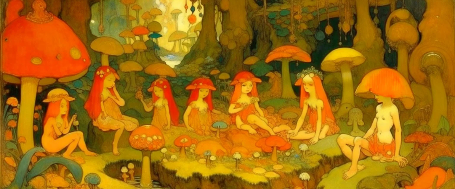 A light orange fairy kingdom filled with mushrooms painted by Paul Gauguin