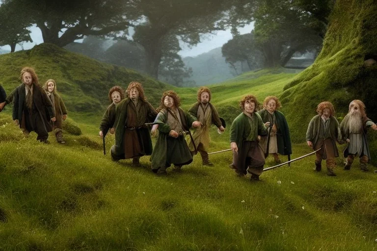 Hobbits in the shire, beautiful scenic landscape, lord of the rings, higly-detailed human symmetric faces, wide angle, super highly detailed, professional digital painting, artstation, concept art, smooth, sharp focus, no blur, no dof, extreme illustration, unreal engine 5, photorealism, hd quality, 8 k resolution, cinema 4 d, 3 d, beautiful, cinematic, art by artgerm and greg rutkowski and alphonse mucha and loish and wlop