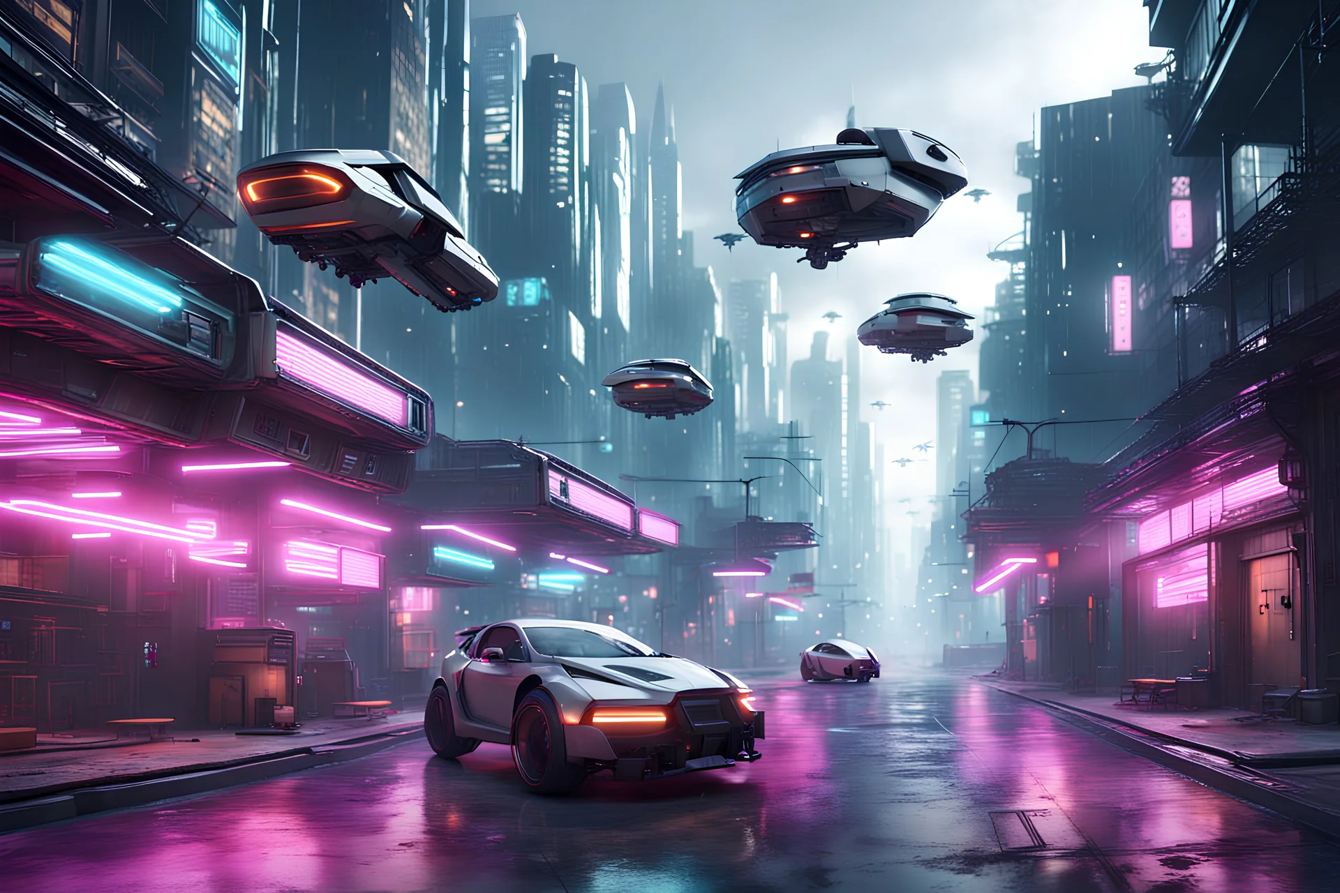 3d rendered realistic scene cyberpunk street with flying vehicles