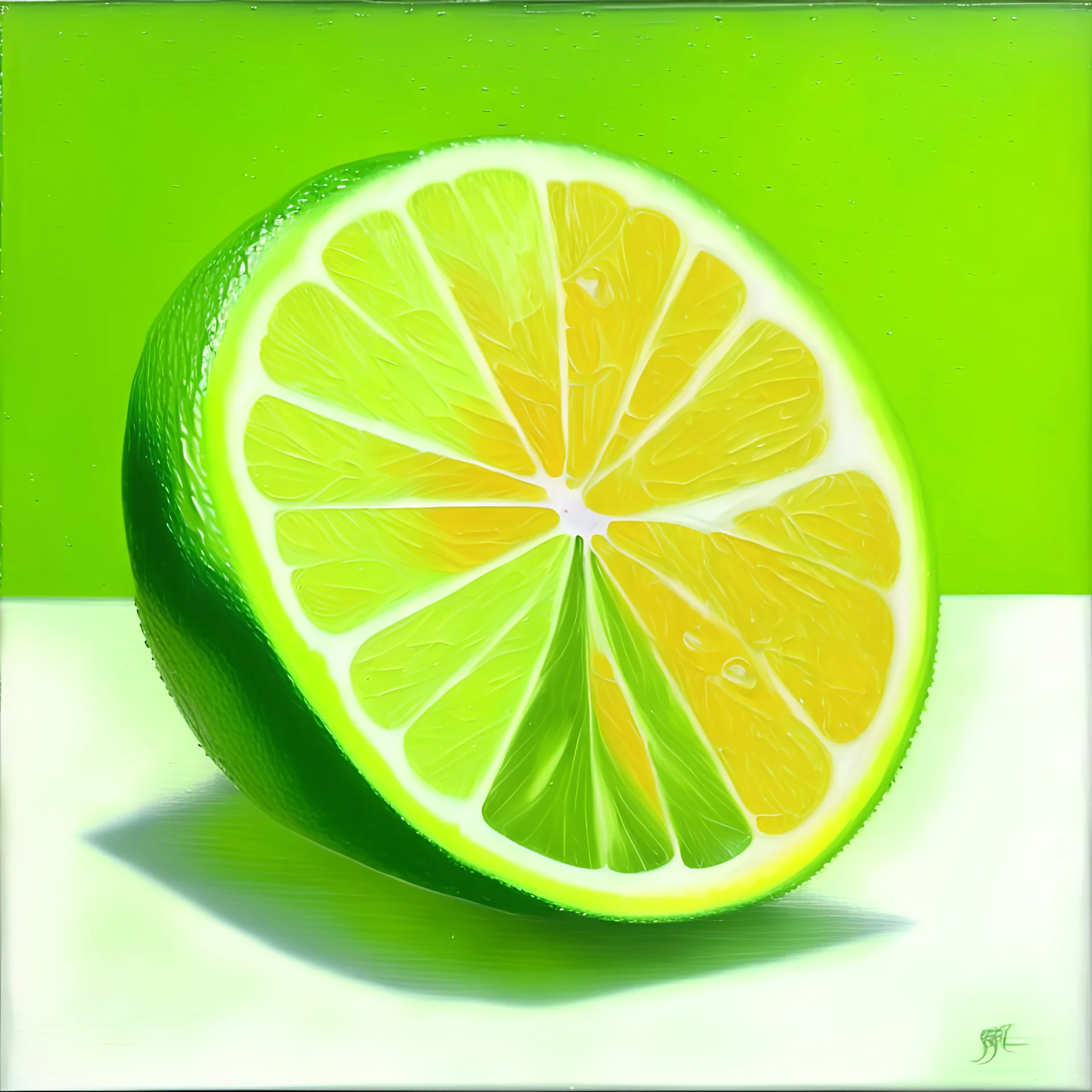 painting of a slice of citrus fruits, lime realistic, acrylic paint, green