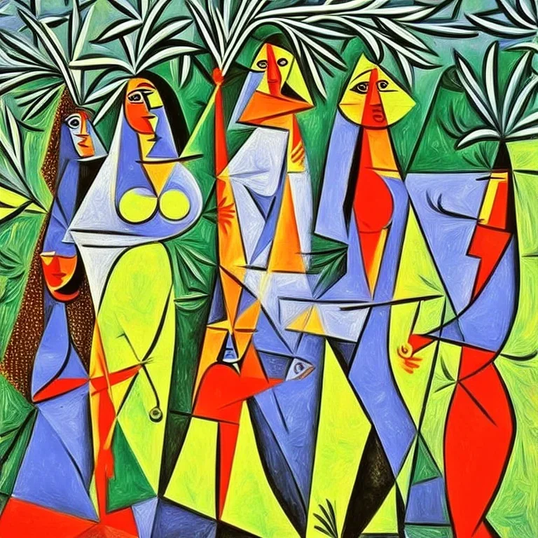 women picking olives in style of picasso