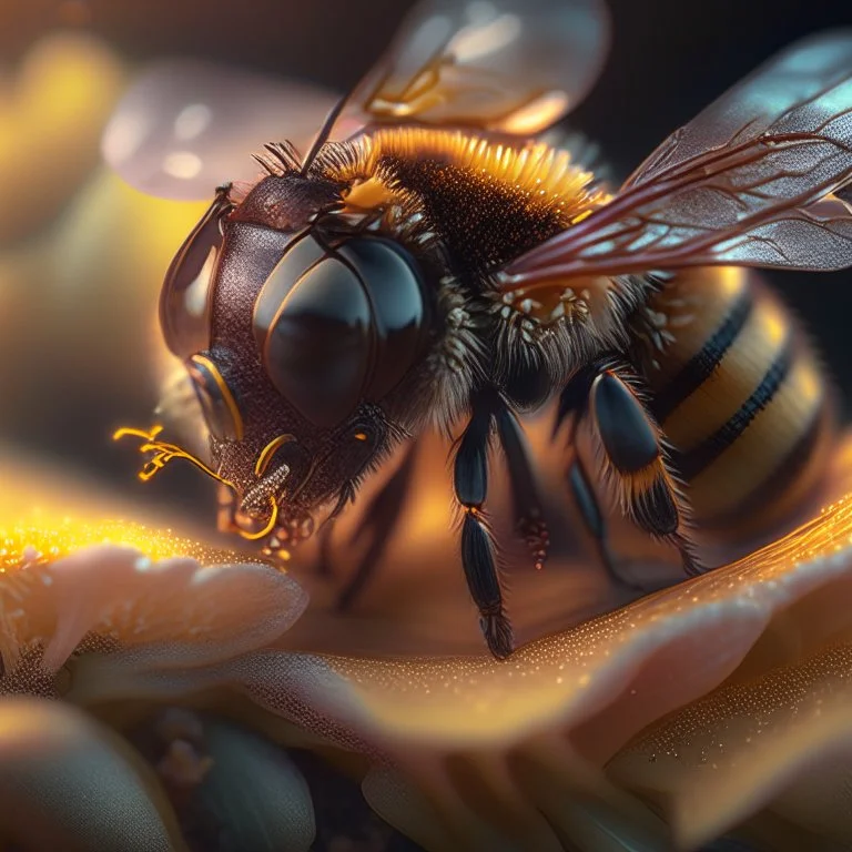 close-up macro photography of a beautiful honey bee on nice flower, centered, ultra realistic, artstation, unreal engine 5, octane render , close up portrait photo by Annie Leibovitz, film, studio lighting, detailed skin