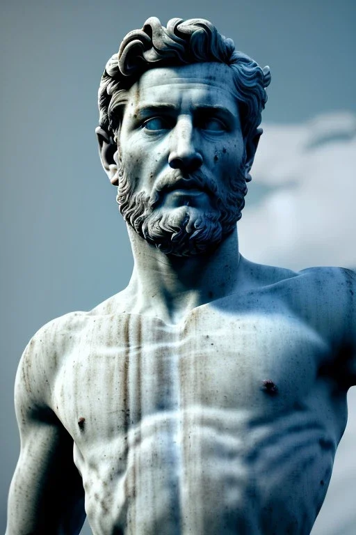 Ultra Realistic image, roman sculpture, deluxe white marble material, otamendi soccer player, Renaissance style, miguel angel style, chisel style, emperor, waist up portrait, epic, celestial, cinematic lighting, God light, god rays, 4k resolution, smooth details, ornate details, unreal engine 5, blue sky background.