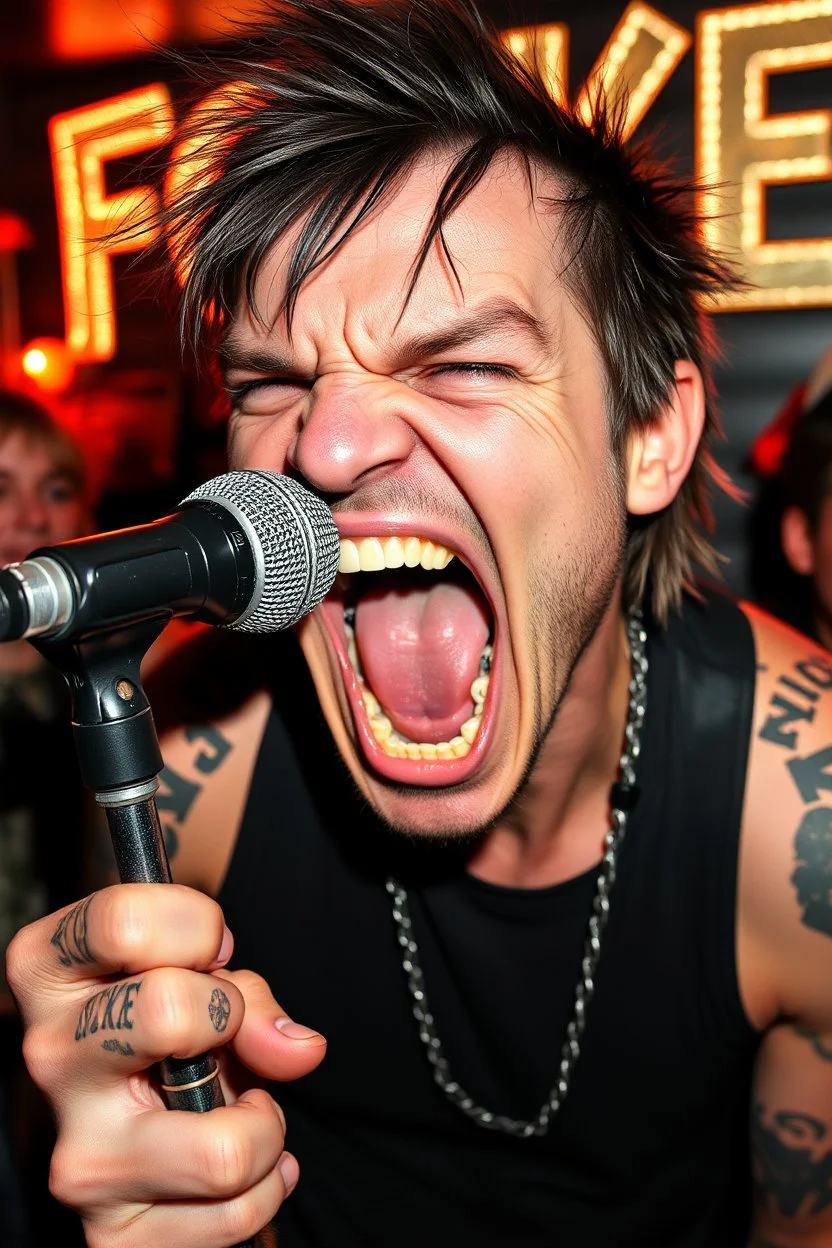A very angry and bitter punk rocker screaming at microphone, very aggresive image in a club house, his name i FOLKE, and the name FOLKE in background