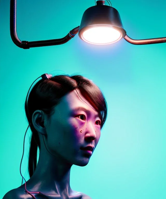 Ultra realistic photographic night portrait, cinematic, <Asian woman> many wires coming out of the head <perfect pupil><glow eye> <cyborg arm> <garage> <wide angle Shot> <retro futuristic> <thriller>, neon lights, color fog, soft color, highly detailed, unreal engine 5, ray tracing, RTX, lumen lighting, ultra detail, volumetric lighting, high definition.