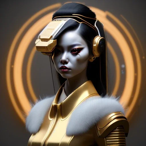 Cyber geisha, blonde, black hair, white skin, velvet dress, gold, cyberpunk style, purpurin, highly detailed, art stations, concept art, smooth, unreal engine 5, god rays, ray tracing, RTX, lumen lighting, ultra detail, volumetric lighting, 3d, finely drawn, high definition, high resolution, gradient background