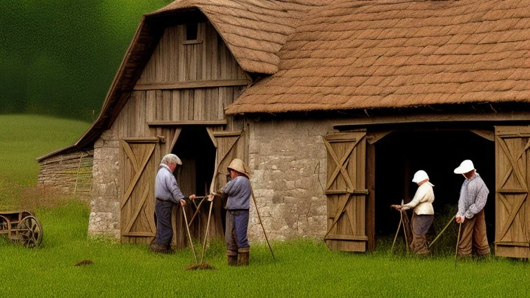 young and old people working in the field near medieval barns