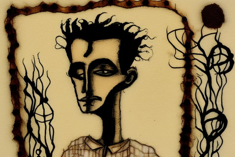 painted and burned burlap, surrealist portrait of a very handsome Jewish-Gypsy man smooth, pop, accentuate, faded glow, morning, bright, fine art, push, structure, silhouette, pencil sketch by Jean Cocteau fantasy high definition crisp quality, styles of Paul Klee Dee Nickerson and Tim Burton, melting watercolor and black ink outlines on wet paper, soft, shading strokes, in sunshine, ethereal, otherwordly, cinematic postprocessing, bokeh, dof