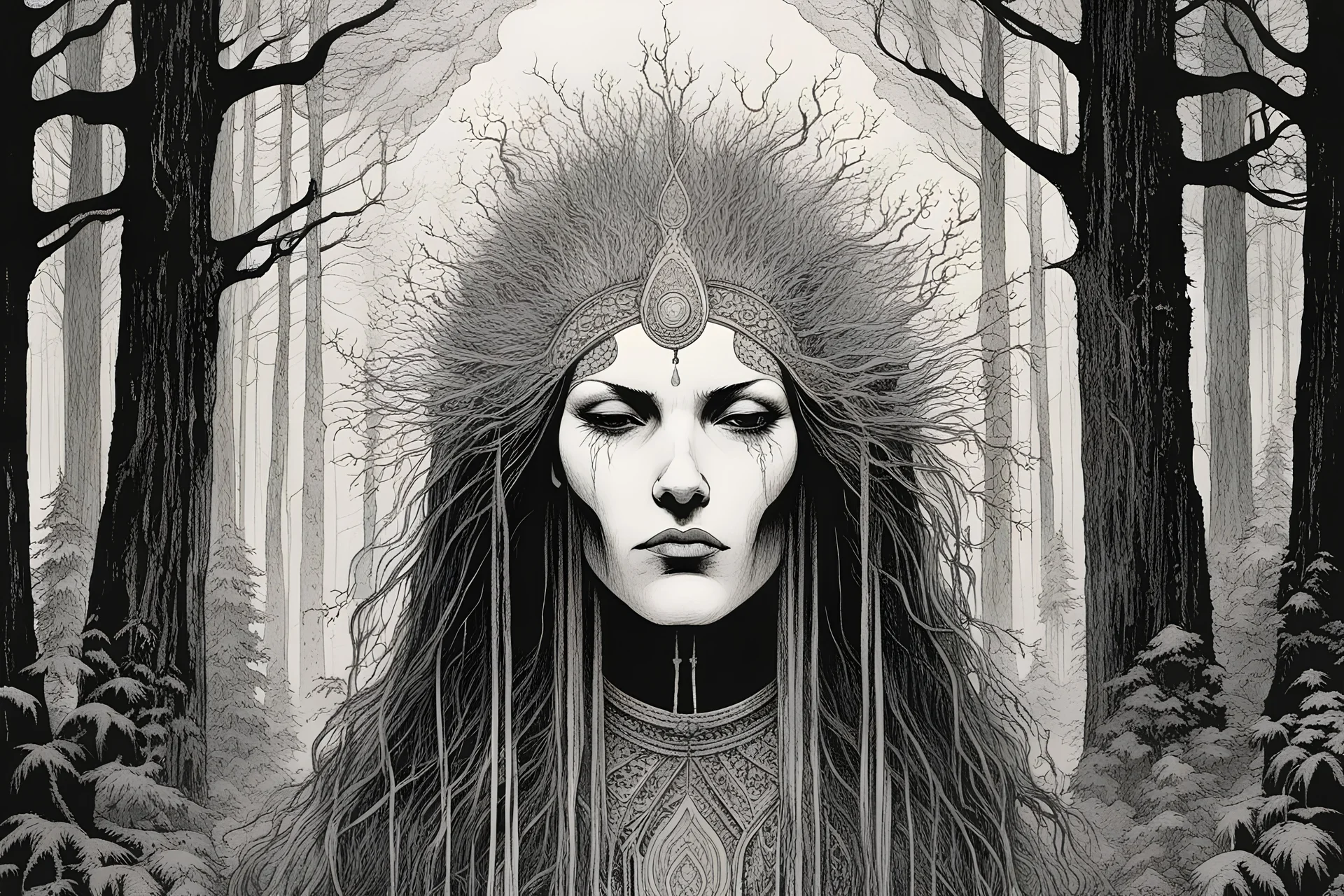 create a symmetric, abstract expressionist lithographic print of a ghostly tribal druid priestess, with highly detailed, delicate feminine facial features, inhabiting a foggy, ethereal Northern forest of ancient hemlocks, in the comic book style of Jean Giraud Moebius, David Hoskins, and Enki Bilal, precisely drawn, sharply defined, boldly inked, in the rich colors of the harvest moon